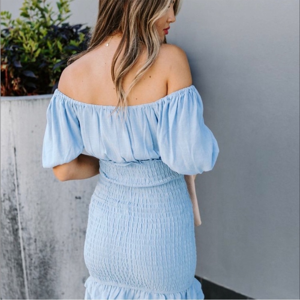 Vici Collection Light Blue Square Neck Puff Sleeve Smocked Mini Dress M Medium